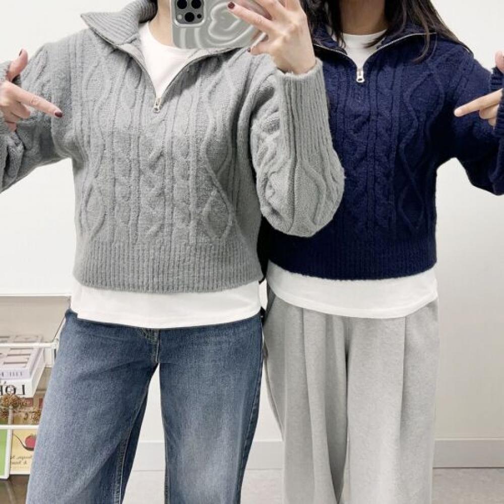 Mizqz Women Autumn Cable Knit Loose Fit Half Zip 2 Colors