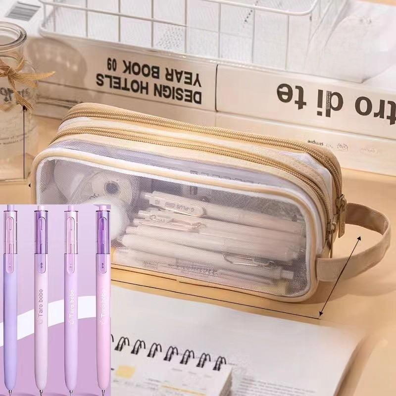 Student Double Layer Mesh Transparent Pencil Case With Large Capacity For School Use