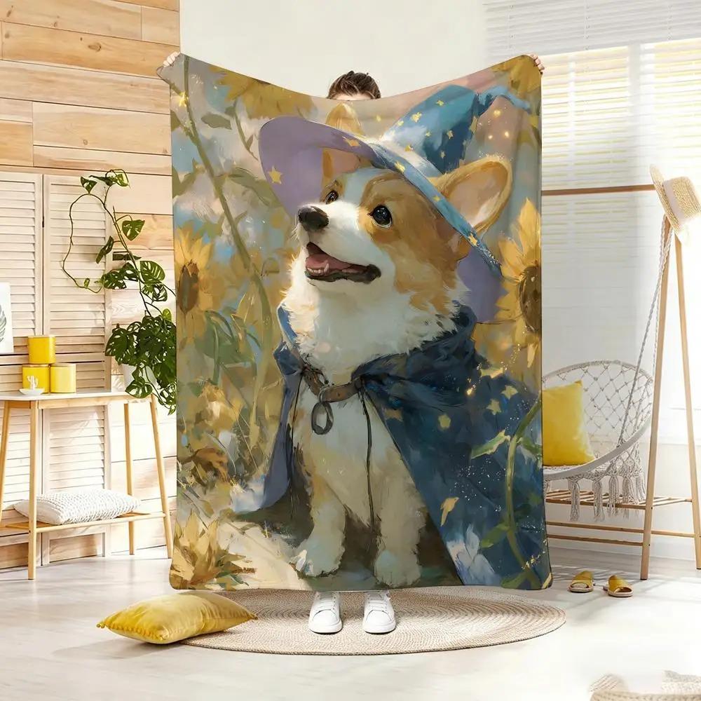 Cute Cartoon Calming Anima Corgi Throw Lightweight  Flannel Blanket Soft Skin-Friendly For Summer Cooling