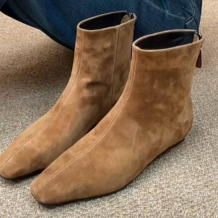 Calfskin version! Huge good-looking short boots for women's versatile commuting style square head rear zipper and ankle boots inner height-increasin