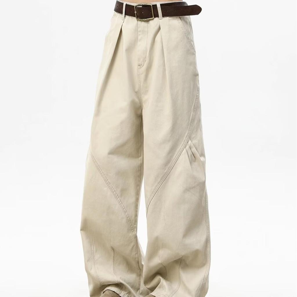 American retro washed overalls men's spring and autumn tide loose pleated versatile drape design straight casual pants