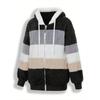 Damen Mehrfarbiger Flauschiger Kapuzenmantel, Lockere Warme Plüschjacke für Herbst Winter