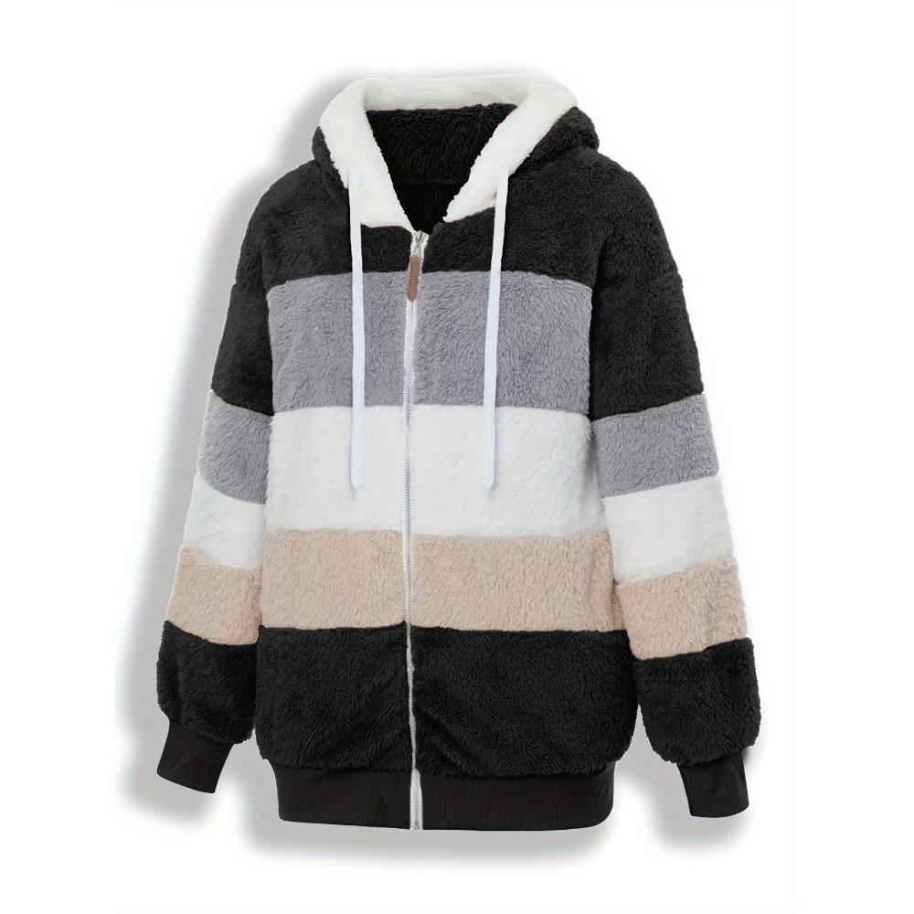 Damen Mehrfarbiger Flauschiger Kapuzenmantel, Lockere Warme Plüschjacke für Herbst Winter