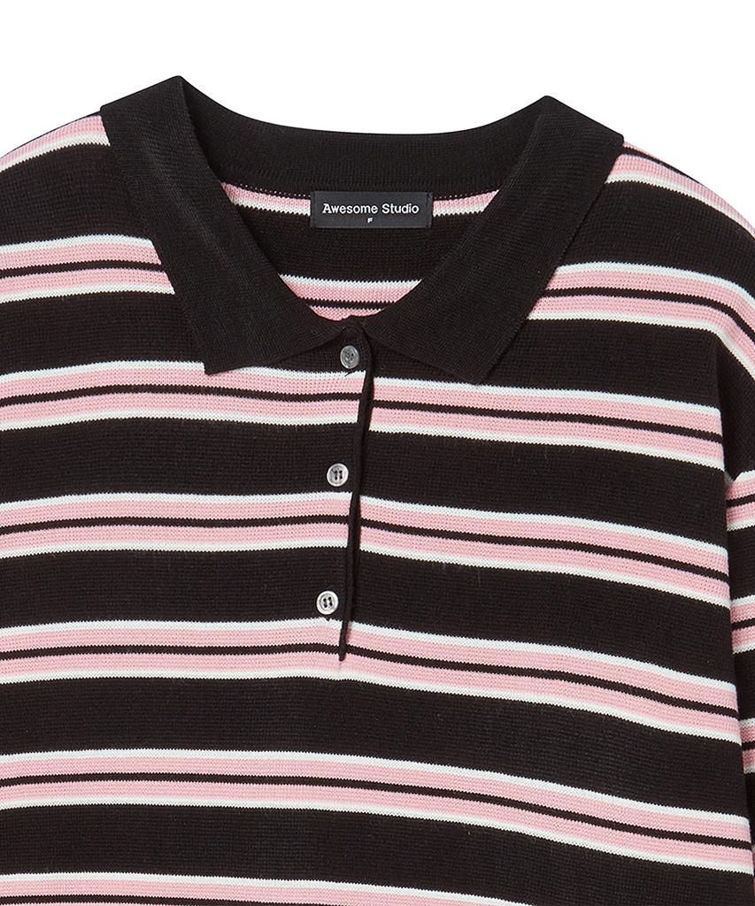 AWESOME STUDIO Multi-Stripe Collared Knit Black