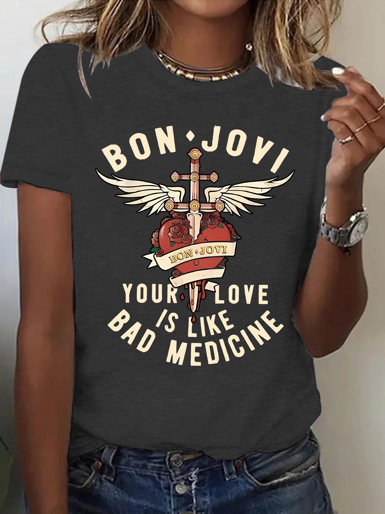 Bon Jovi Damen Kurzarm Sommer T-Shirt Top - Neue Mode Small