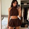 Women Y2k Vintage Short Skirts Sets Solid/Dots Sleeveless Backless Halter Neck Crop Tops with Bubble Skirts Vacation Outfits