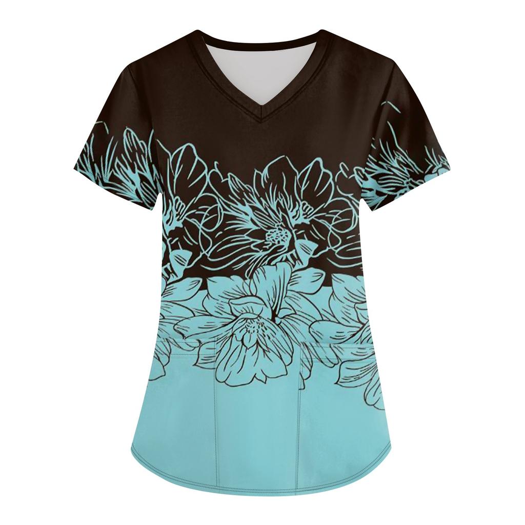 Damen Modisches bedrucktes kurzärmliges Oberteil mit V-Ausschnitt und kleiner Tasche für die Arbeit