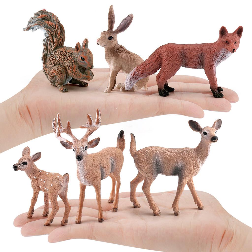 6 Simulated Forest Animals, Squirrel, Rabbit, White-Tailed Deer, Fox Model Static Ornament Toys