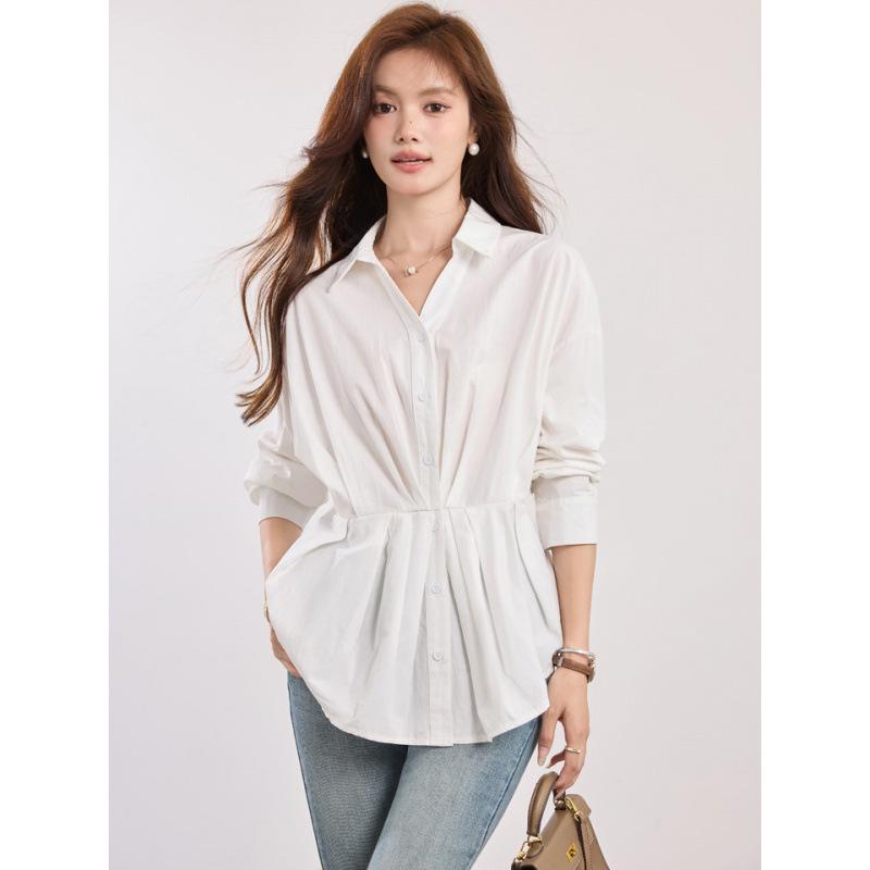 Women's French Style Slimming White Polo Neck Long Sleeve Shirt - 2026 Early Spring Collection