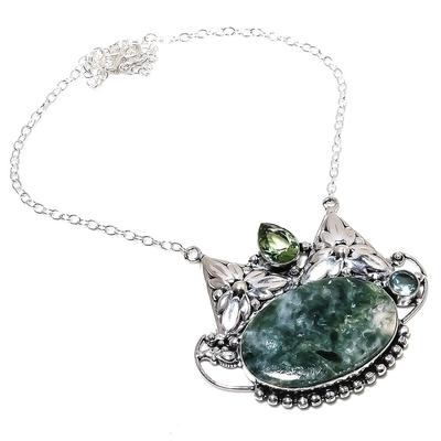 Doğal Seraphinite, Tsavorite Değerli Taş 925 Ayar Gümüş Kolye 18" r8y31