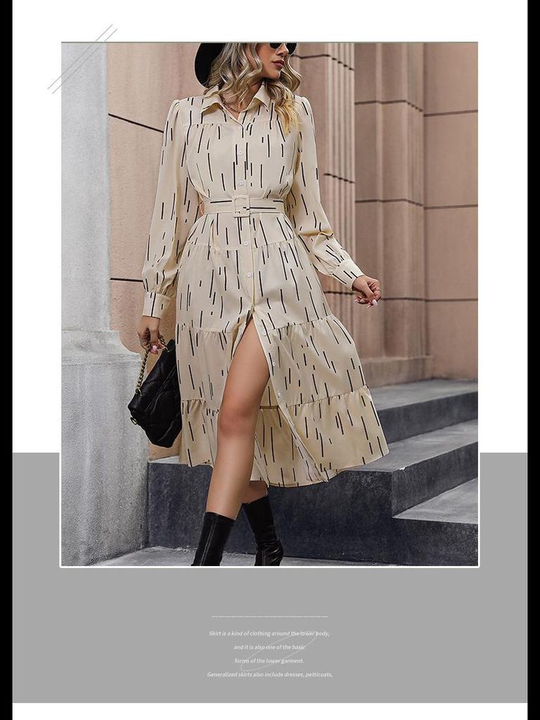 2024 Høst Europeisk og Amerikansk Langermet Kragekjole med Trykk