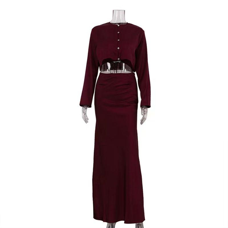 

European and American Sexy Crop Lace-up Vest Hip Skirt Three-Piece Fashion Three Piece Set Red S