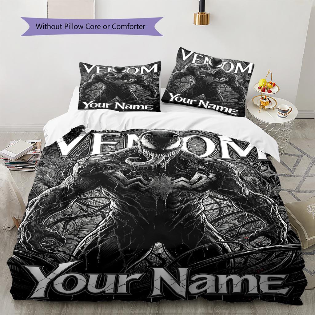 Name Custom Black-Venom Pattern Bedding Set Quilt Cover Pillowcase Home Decor Gift (1 * Duvet Cover + 2 * Pillowcase, Without Core)