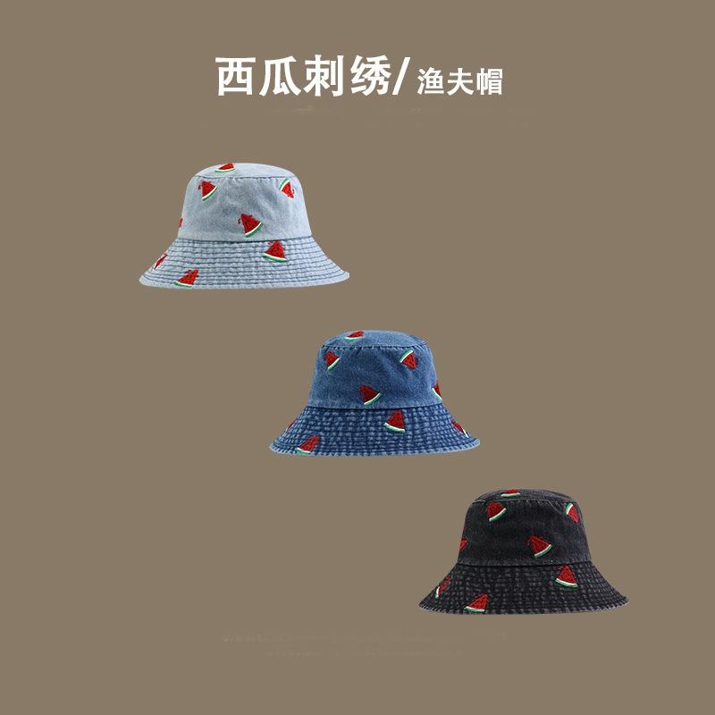 Hat Women's New Watermelon Embroidered Denim Bucket Hat Wide Brim Sunshade Fashionable Versatile Face Small Bucket Hat