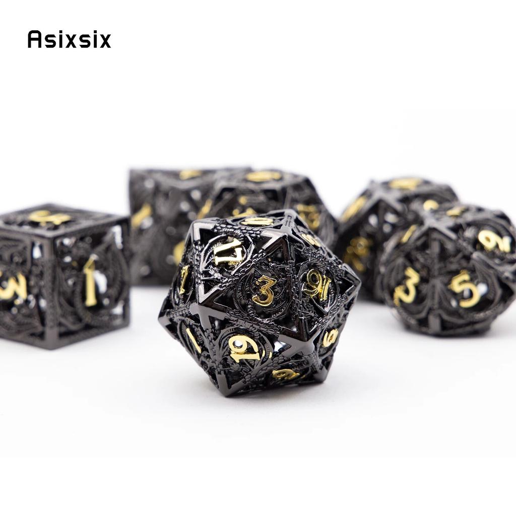 7-teiliges schwarzes goldenes Drachen-Metallwürfel-Set aus hohlen polyedrischen Metallwürfeln, geeignet für Rollenspiele, RPG-Brettspiele, Kartenspiele