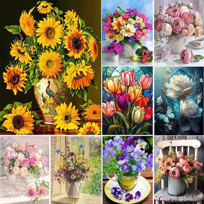 5D Diy Diamond Painting Flower Cross Stitch Kit AB Diamond Round Diamond Rose Sunflower Diamond Embroidery Mosaic Art Home Decor
