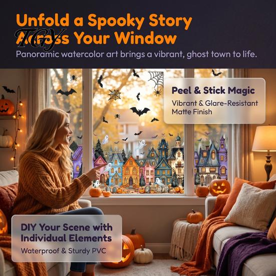 Spooky Party Glass Decor Halloween Window Clings, Pumpkins Skeletons Ghosts And Bats Print Decorative Clings Decals, Electrostatic PVC Static