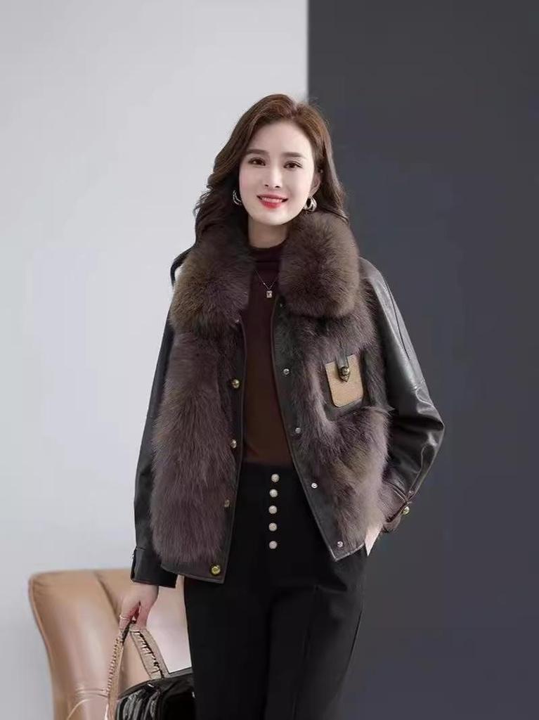 Women's Autumn/Winter Faux Fur Leather Jacket Patchwork Parka with Mink Fur Trim - High-End Style
