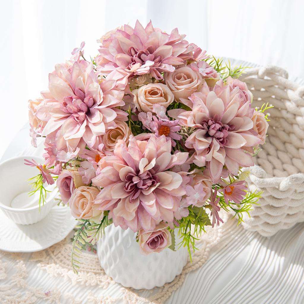 Artificial Rose Flowers Wedding Home Room Table Decor Bridal Bouquets Garden Fake Silk Dahlia Hydrangeas Vase Outdoor Diy Gifts