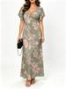 French Style Sage Green Pink Floral Print V-Neck Dress, High Waist Elegant Maxi with Flutter Sleeves for Daily & Date