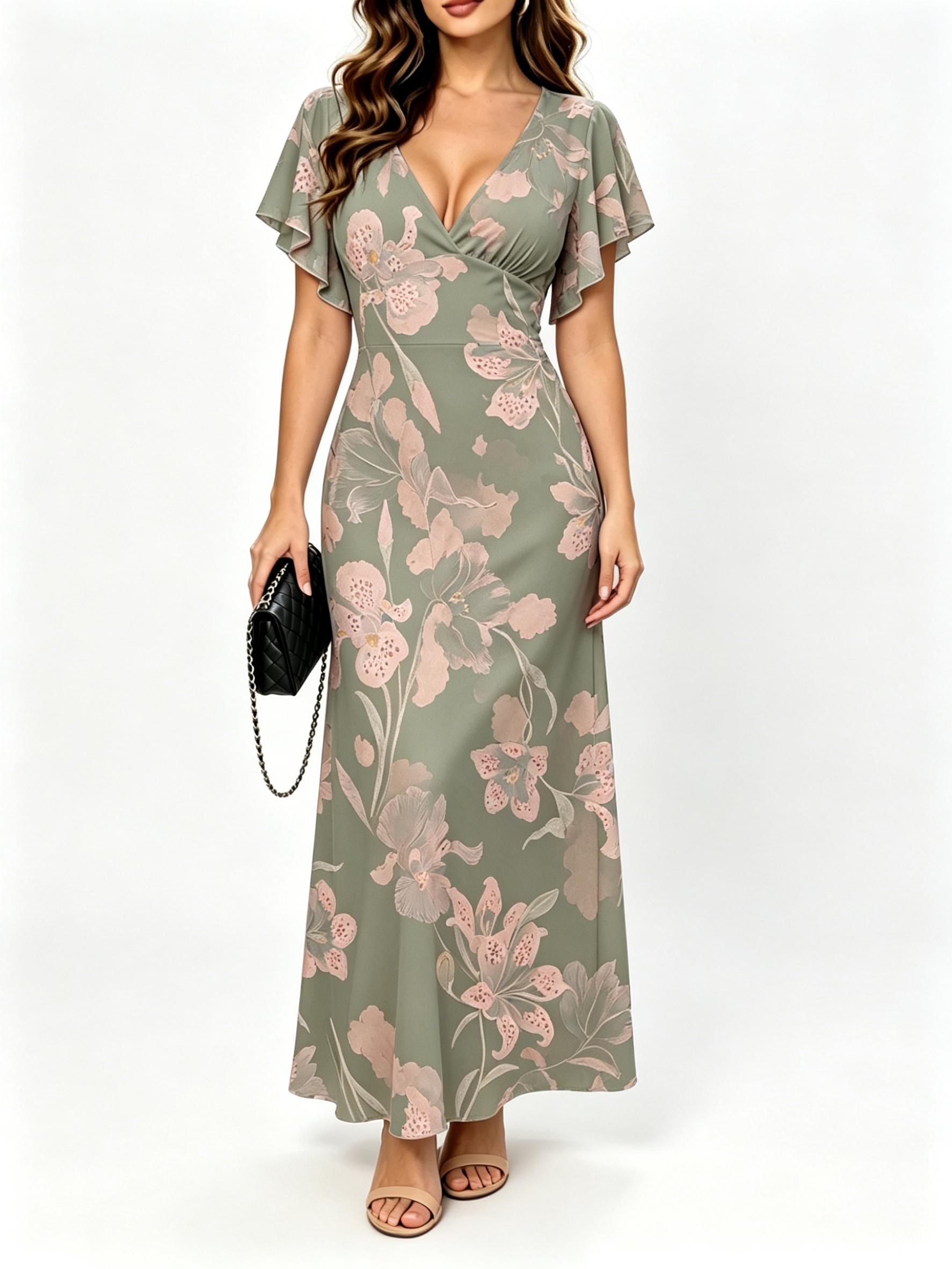 French Style Sage Green Pink Floral Print V-Neck Dress, High Waist Elegant Maxi with Flutter Sleeves for Daily & Date XS
