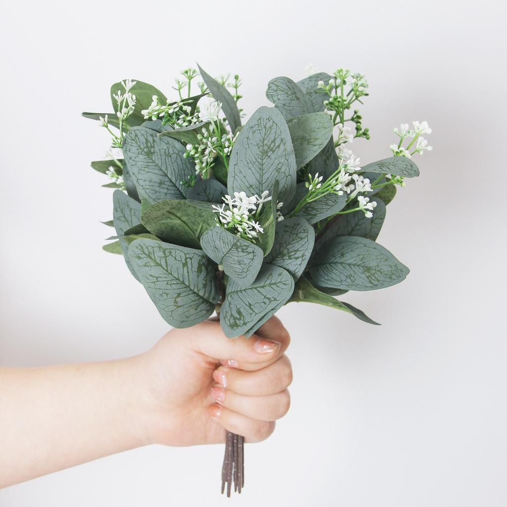 Artificial Eucalyptus Stems with White Flowers, Fake Greenery Branches for Home Wedding Floral Arrangement Decor
