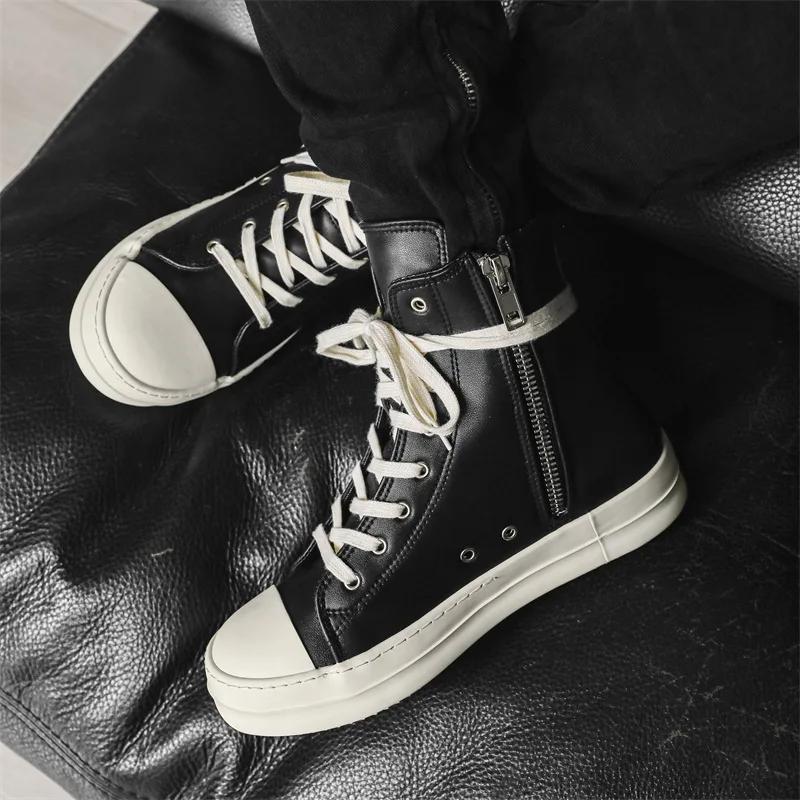 Sneaker Herrenschuh Lässig High Top Damen Sneaker Schwarz Stiefelette Mode Reißverschluss Dicke Sohle Canvas Flach Owen Street Schuhe