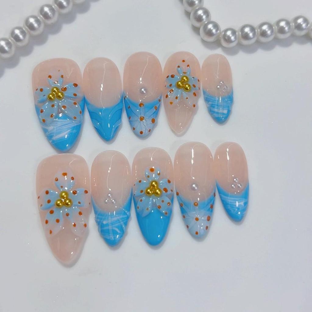 Almond Shape 3D Carved Blue Polka Dot Nails - Pure Handmade Wearable Style