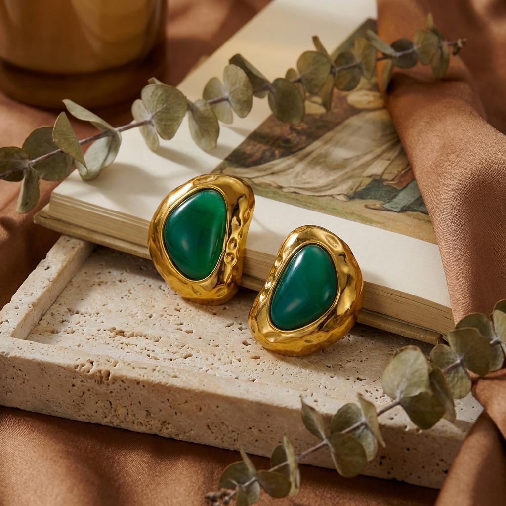 Vintage Chunky Gold Color Stud Earrings for Women Stainless Steel Hammered Molten Metal Green Stone 80s Statement Retro Jewelry