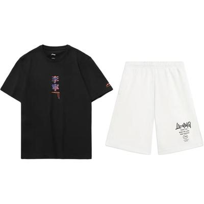 Li Ning Theme Print Trendy Personality Round Neck Pullover Short Sleeve T-Shirt Casual Sports Set Unisex Tops Black White AHSU971-1+AKST593-7