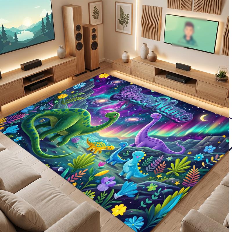 Dinosaur Theme Soft Crystal Velvet Rug Custom Name & Text Print Non Slip Floor Rug for Bedroom Living Room