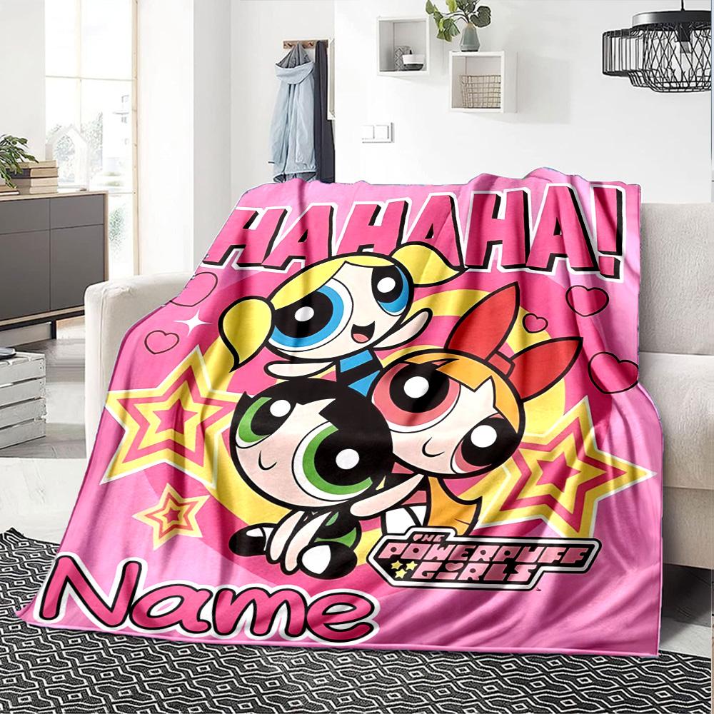 Custom Name Powerpuff Girls Halloween Flannel Blanket for Super Soft Cute Comfort Blanket for Travel Bedding Couch Sofa Blanket