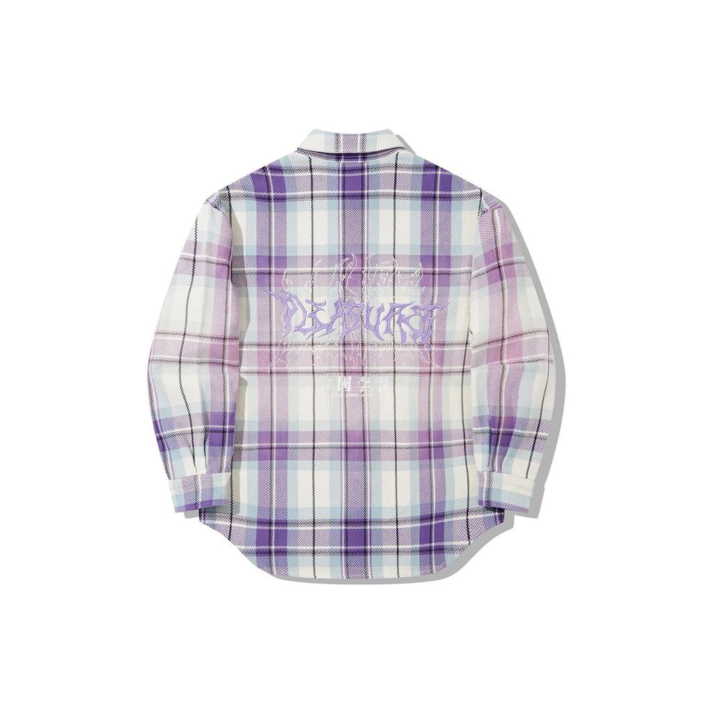 Li Ning X Pleasures Collaboration Skate Series Gradient Plaid Single-Breasted Long Sleeve Shirt Men shirts Ultraviolet Forget-Me-Not-Blue ASHT523-2