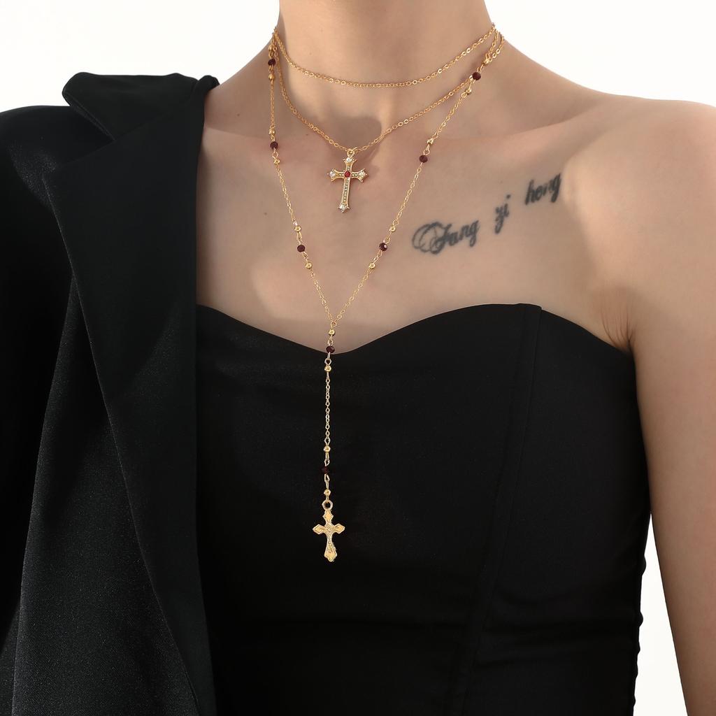Holiday Style Necklace, Fashionable Light Luxury Cross Pendant, Fringed Long 3-Piece Set Item.