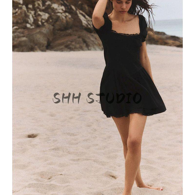 Spring and Summer New Women's Clothing Wide Pleated Design Puffy Short Sleeve Lace Poplin Square Collar Short Dress 5107304