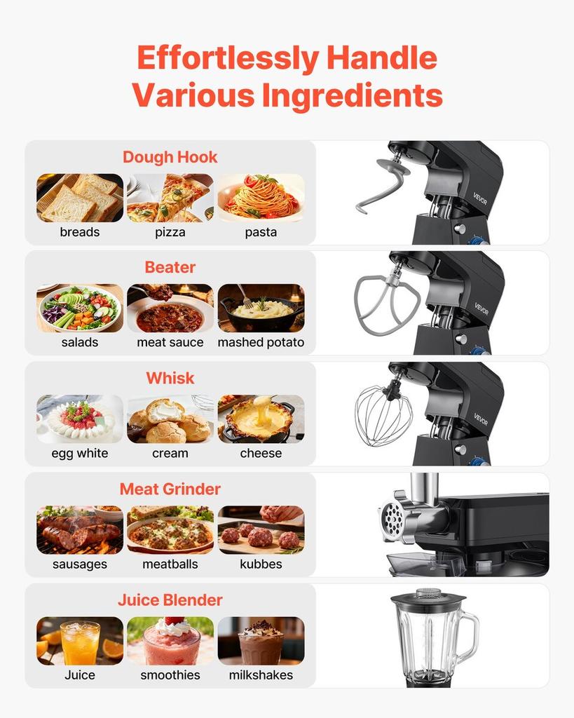 Stand Mixer, 7.8 L Electric Kitchen Mixer, 1500W Dough-Mixer, 6+P Speeds Tilt-head Food-Mixer with 1.5 L Blender Cup, Stainless Steel Bowl, Dough