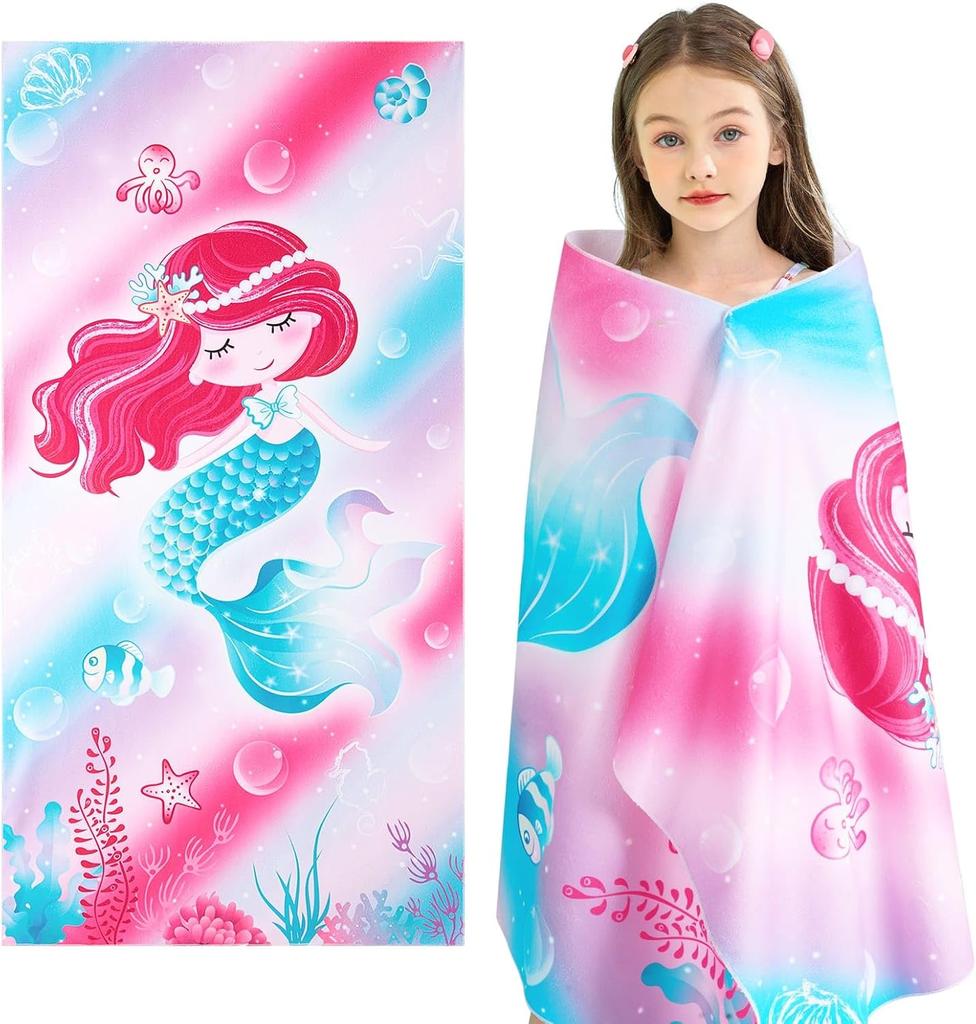 Magic Mermaid Beach Towel for Girls, Colorful Ocean Princess Art Quick-Dry Sand-Free Microfiber Bath Towel for Pool and Travel