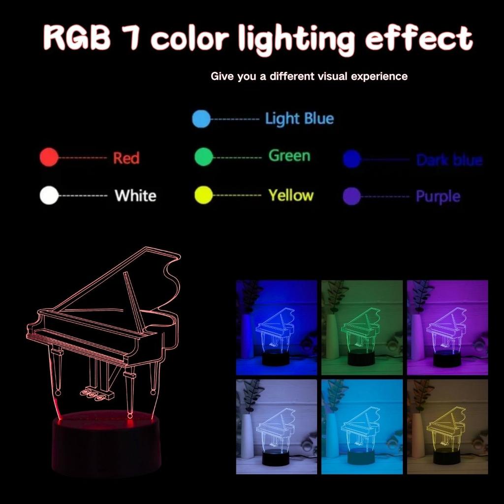 USB piano pattern 3D night light, RGB7 color illusion light, bedroom and study atmosphere decoration, birthday or holiday gift