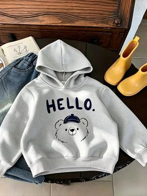 Детская толстовка с капюшоном Милый мишка HELLO Принт Мальчики Девочки С длинным рукавом Худи-пуловер Осень Зима Повседневные Детские Топы