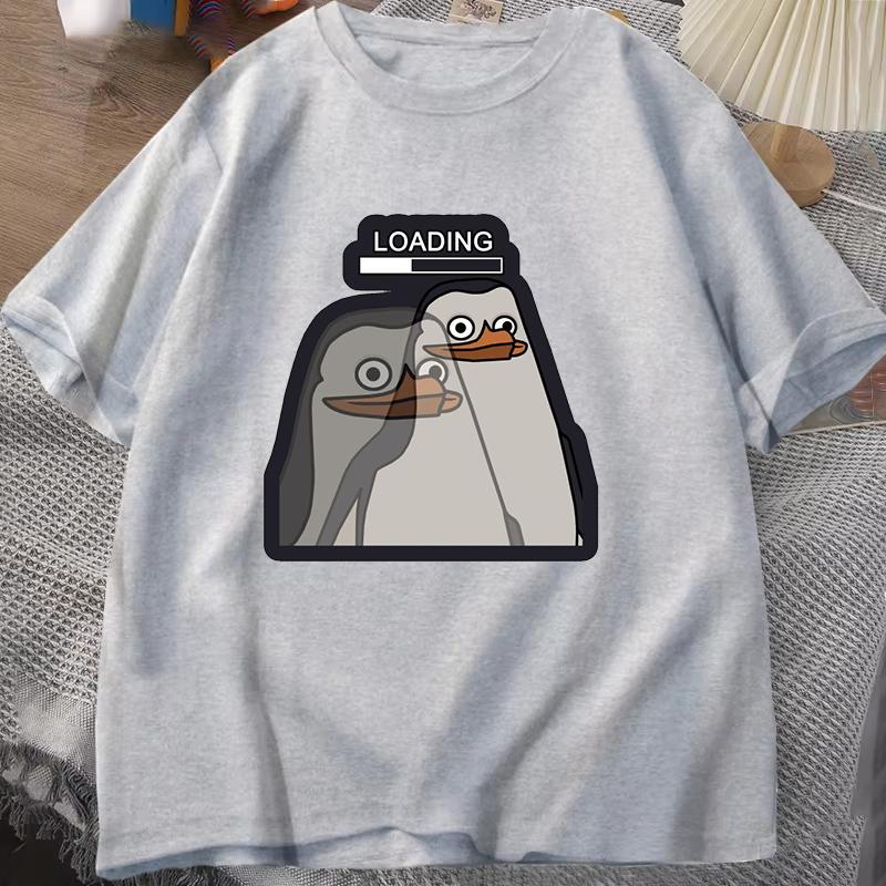 New Funny Loading Letter Cartoon Penguin Printing T Shirt Short Sleeve Round Neck Summer Casual Tshirt Top Women Clothing
