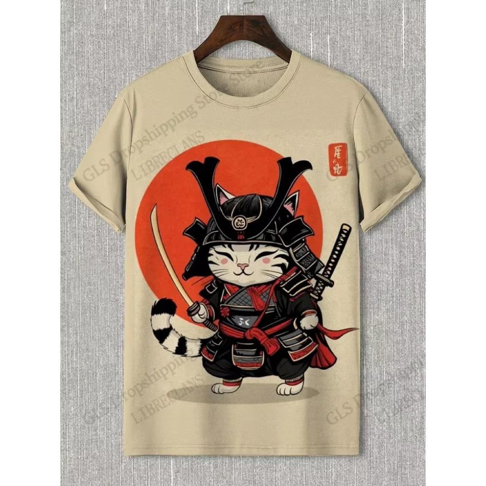 Novas Camisetas com Estampa 3D de Gato Samurai Japonês para Homens Mulheres Camiseta Casual de Manga Curta Top Harajuku Roupa Streetwear
