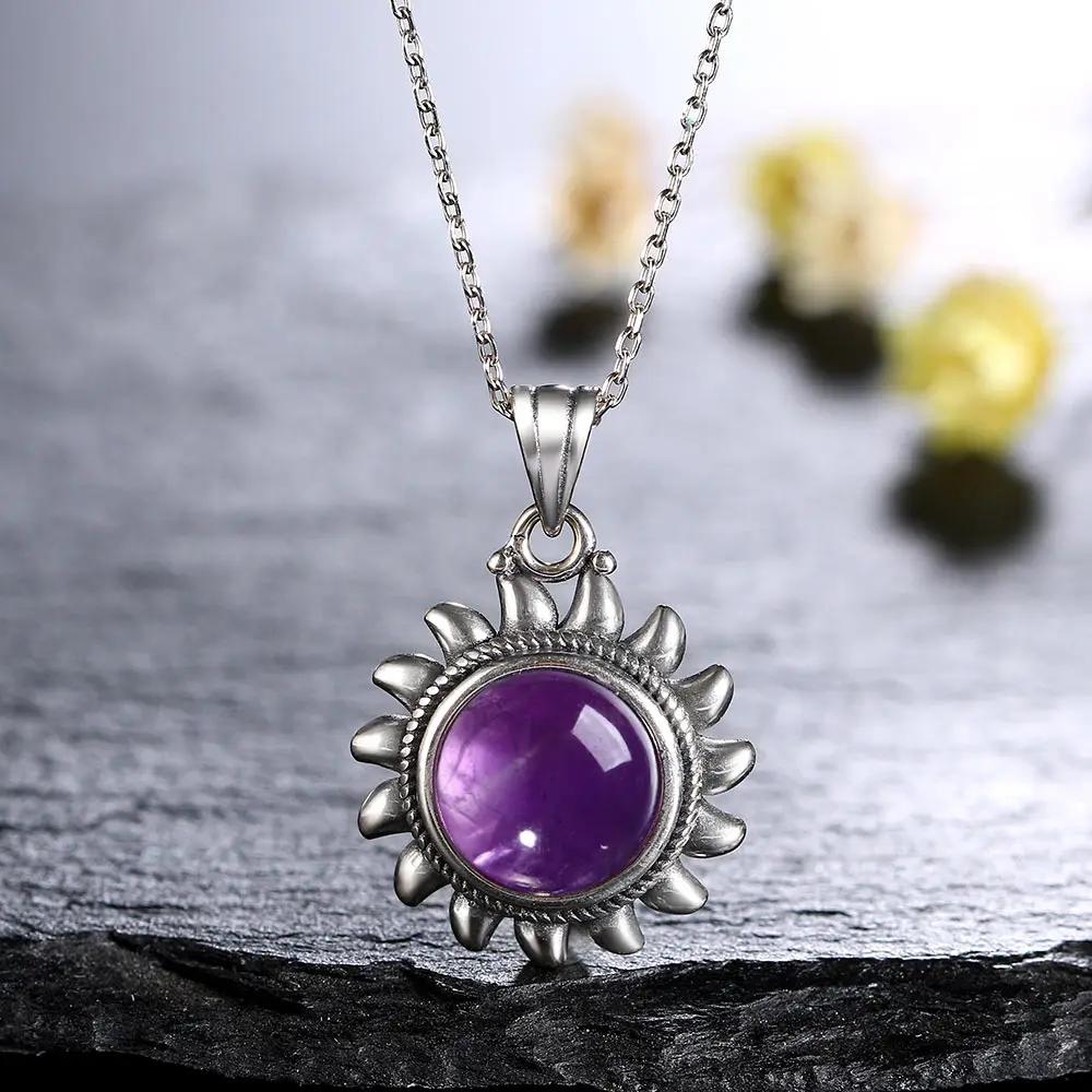 Naturligt Labradorit Ametist Halsband S Silver Vintage Solform Krom Halsband för Kvinnor Gåva