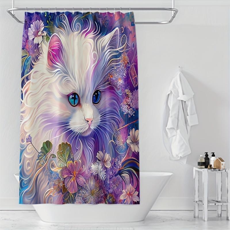 Whimsycat Water-Resistant Shower Curtain - Hand-Painted Colorful Cat, Animal Theme Bath Decor, Partially Lined, All-Season