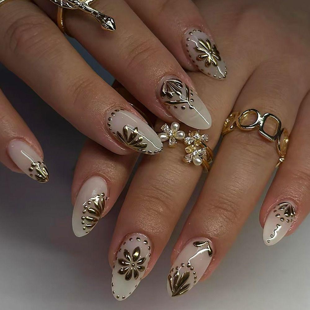 24/30PCS Simple Gold Colors Flower French False Nail Irregular Sun Moon Full Cover Fake Nails DIY Manicure Detachable Nail Tips