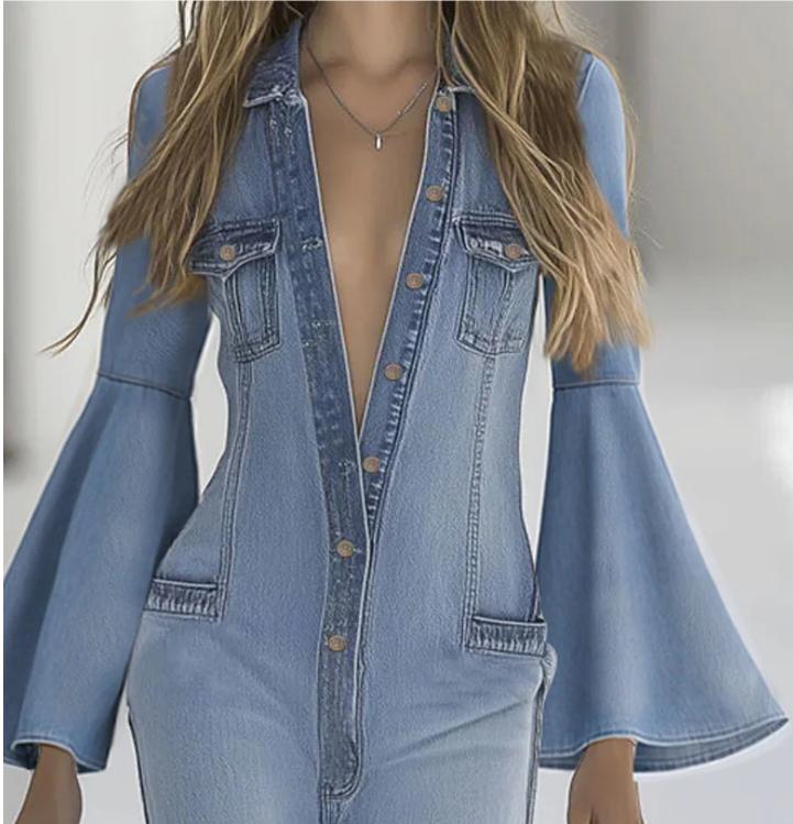 Loose Solid Color Denim Style Jumpsuits Women Single-Breasted Casual Autumn Winter Flare Sleeve Turn-Down Collar Playsuits