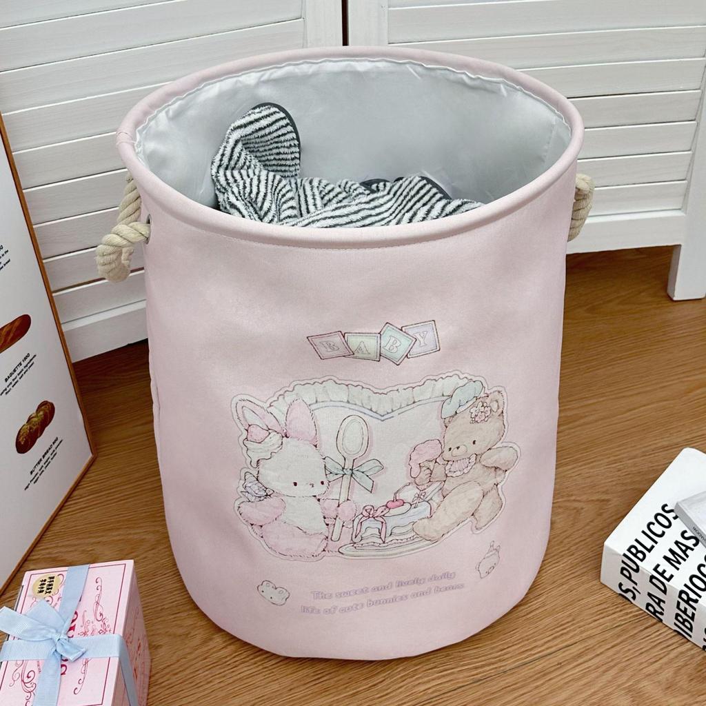 Girly Cartoon Bear Laundry Basket - Large Capacity, Foldable Storage Bin for Clothes & Plush Toys