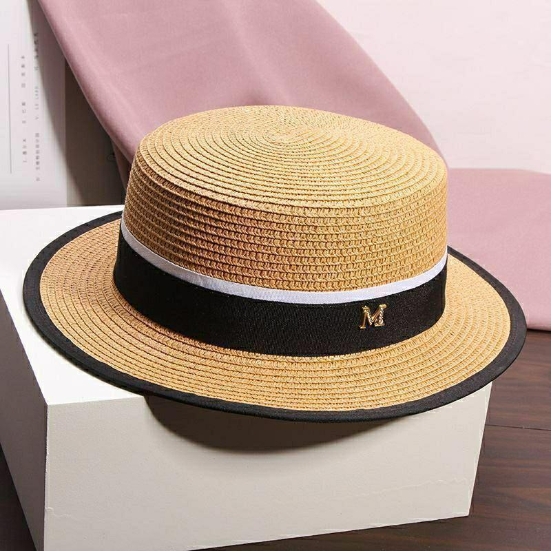Summer Vacation Hat Women's Strap Alphabet Straw Hat Seaside Sunshade Sunscreen Hat Versatile Flat Top Hat