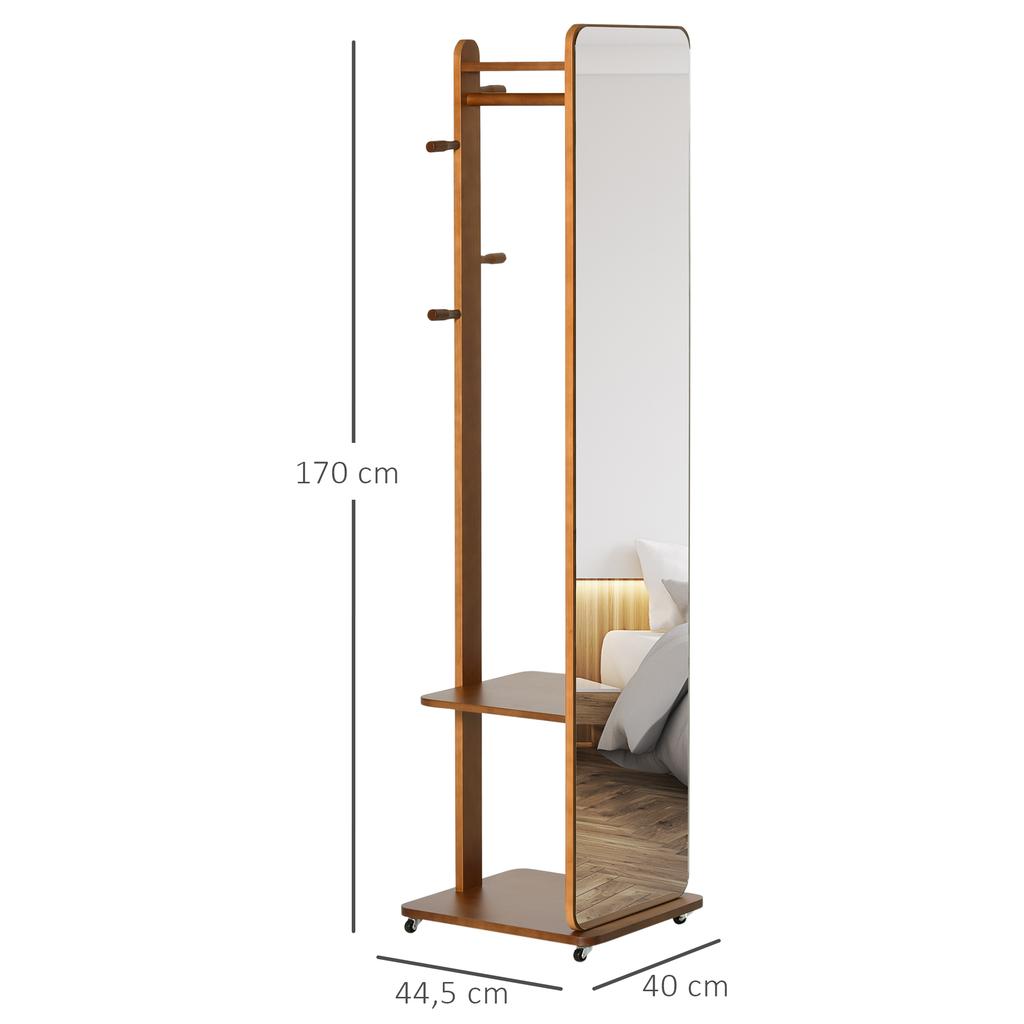 Standing Mirror with Wheels - Clothes Rack, 4 Hooks Shelf MDF Walnut Look