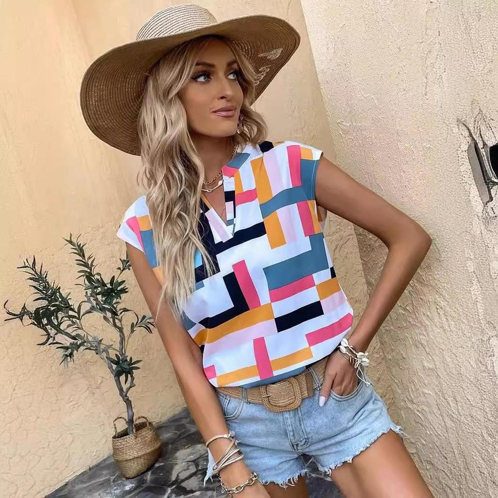 Damenmode, Sommer, Frühling, lässig, geometrischer Druck, ärmellos, V-Ausschnitt, Blusen und Hemden