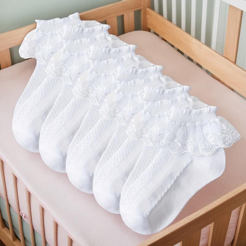 5 Pairs Girls Lace Ruffle Socks Cotton Breathable Comfy Adorable Princess- Kids Dance-Ready Socks with Frilly Trim